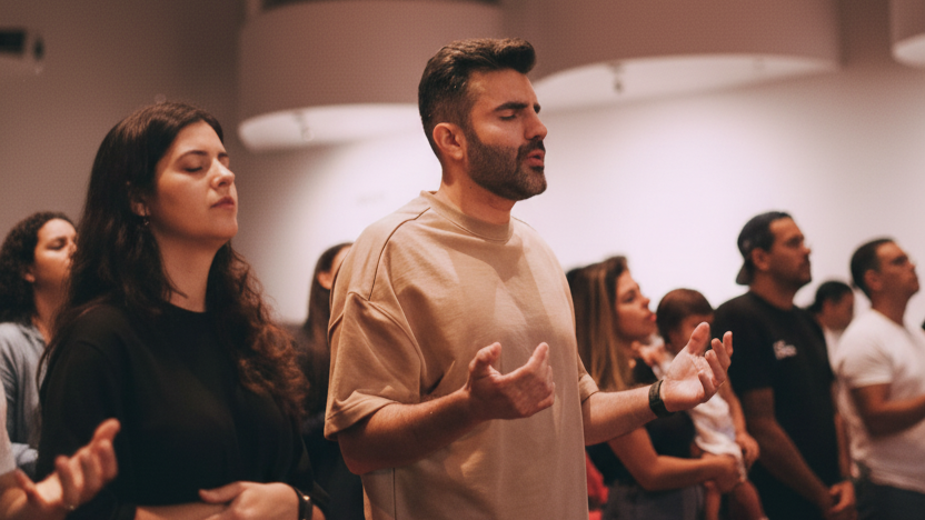 Homem orando em uma igreja, em momento de conexão espiritual